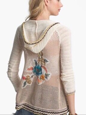 Free People Sz S Menagerie Open Knit Crochet Top Embroidery Baggy Oversized